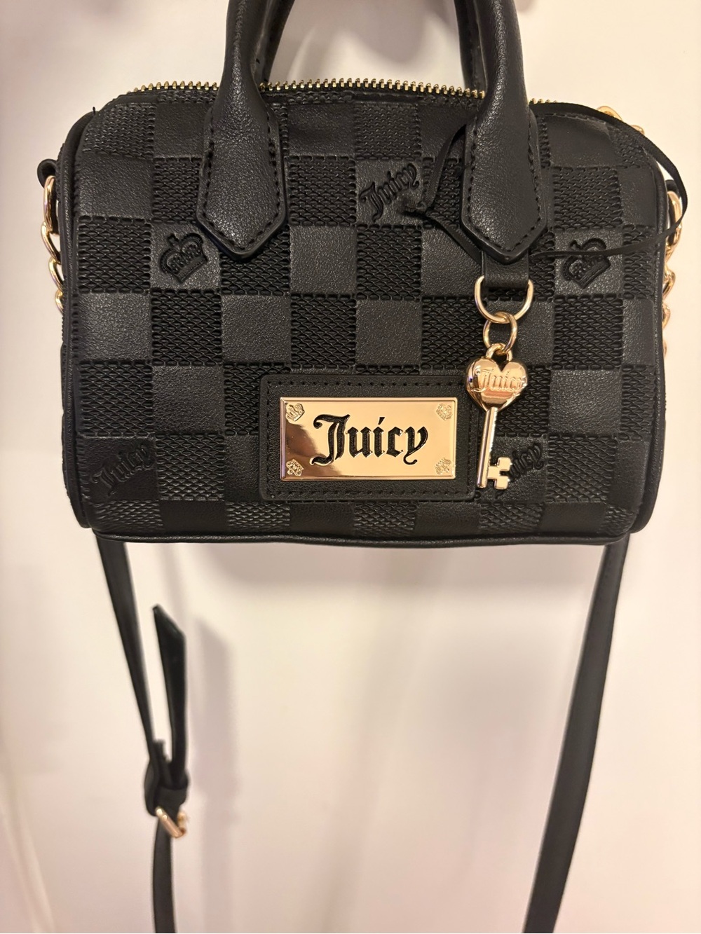 Juicy Couture Black Quilted Checker Satchel with Gold Key Charm